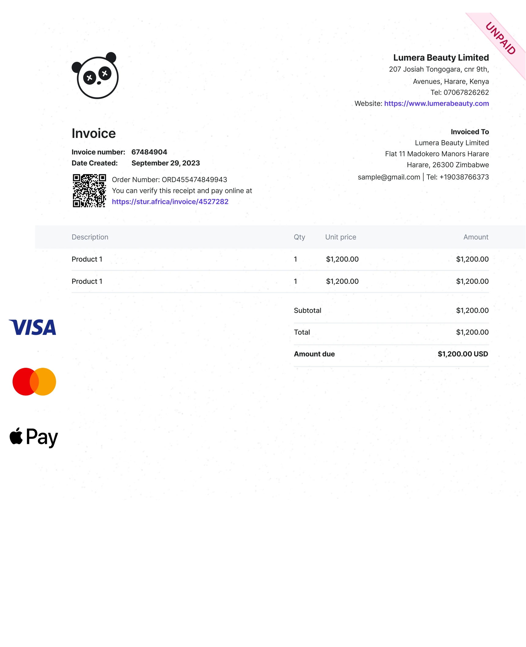 Stur invoice preview — create and send invoices in minutes